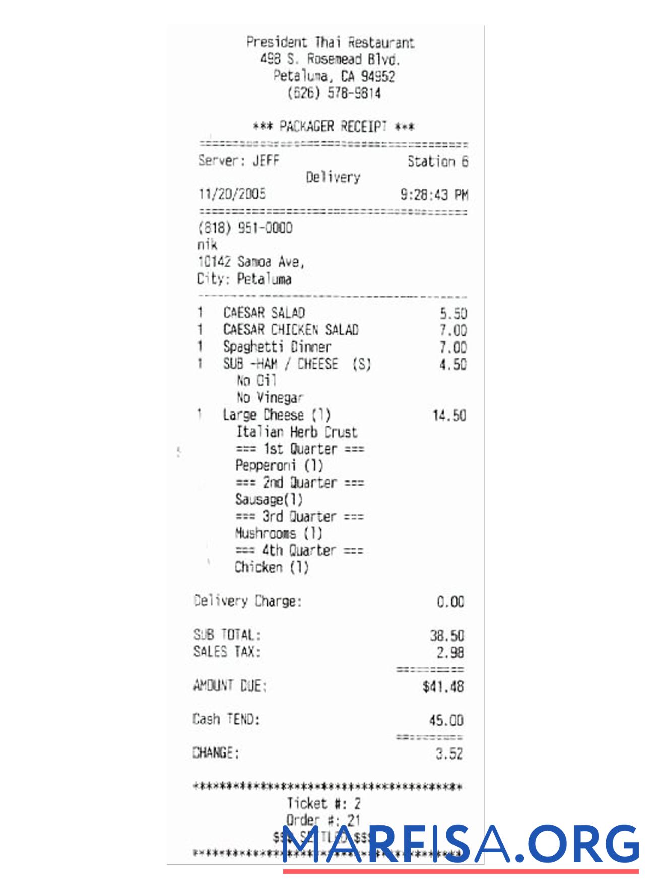 Blank PRESIDENT THAI RESTAURANT payment check real example